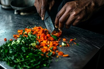 Close-up of hands chopping colorful vegetables on a kitchen counter