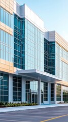 Modern office building with glass facade and sleek design, ideal for corporate imagery and business themes.