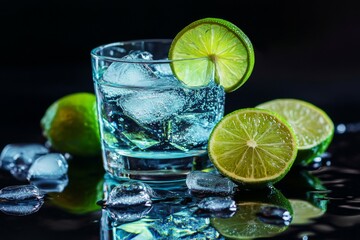 Fototapeta premium Refreshing lime cocktail with ice cubes and slices on a reflective surface