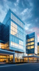 Modern office buildings with stunning glass facades against a dramatic sky, showcasing architectural beauty and urban design.