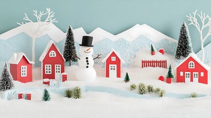 Fototapeta premium Charming Winter Wonderland Scene with a Snowman and Red Houses Surrounded by Falling Snowflakes