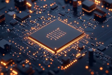 Futuristic microchip technology with glowing circuitry in focus