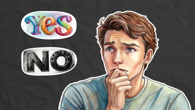 A young man thinking about something, trying to decide for himself YES or NO. The concept of choice. Stop motion animation on black paper background