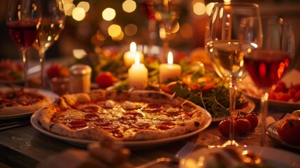 Delicious pizza with candles and wine set for a cozy dinner party ambiance