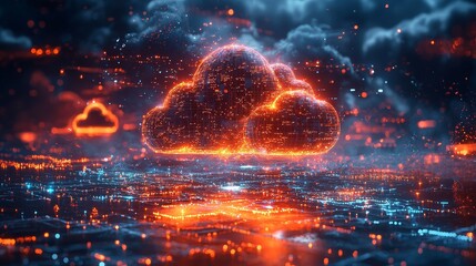 Abstract art featuring digital clouds illuminated with bright lights to symbolize connectivity and digital data exchange.