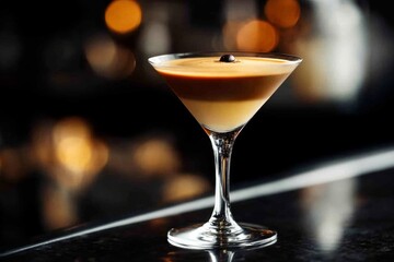 Elegant espresso martini in crystal glass with rich creamy layers on dark background
