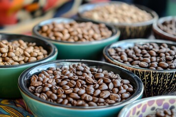 Obraz premium Colorful ceramic bowls filled with aromatic coffee beans on display