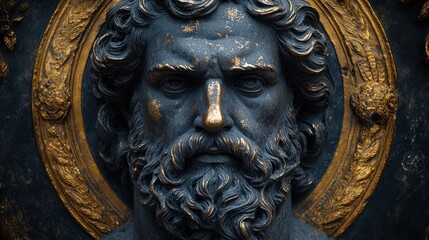 A detailed sculpture of a bearded figure with a golden halo.