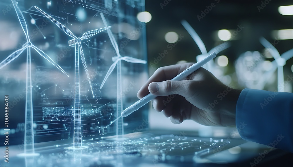 Poster engineer sketching 3d wind turbine model with stylus
