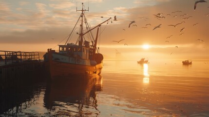 Fototapeta premium Beautiful Fishing Boat at Sunrise on Calm Water with Seagulls Flying
