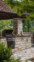 Outdoor brick grill with covered patio area, perfect for summer BBQ gatherings.