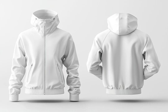 3D render windbreaker mockup showing front and back angles, high-res stitching, water-resistant fabric effect, isolated background, outerwear design, technical fashion mockup