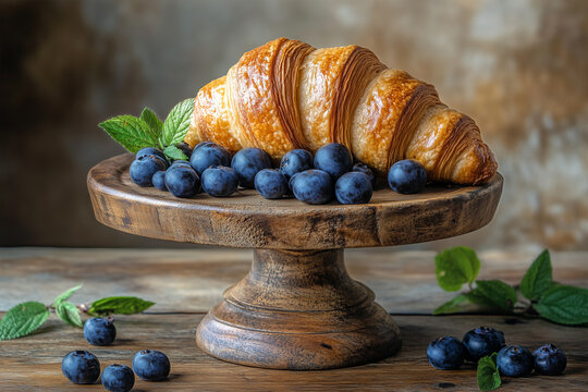 huckleberries and croissant on wooden tavle on the table