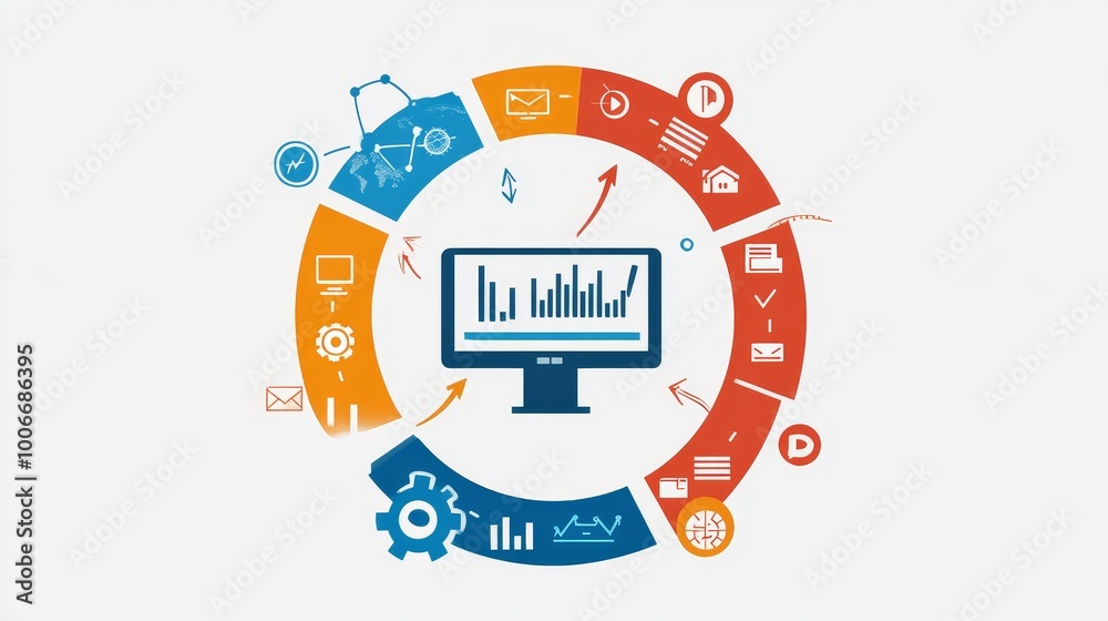 Fototapete A structured infographic with a circular design illustrating various concepts and tools linked to a central computer screen.