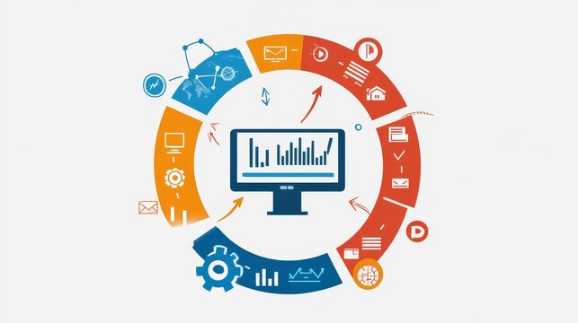 A structured infographic with a circular design illustrating various concepts and tools linked to a central computer screen.