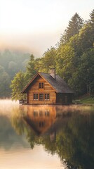 Fototapeta premium Scenic wooden house by a tranquil lake, surrounded by lush trees in a dreamy morning mist, perfect for nature lovers.