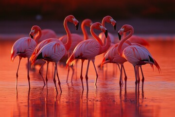 Obraz premium Vibrant flamingos wading in sunset-lit lagoon