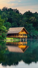Obraz premium Scenic wooden house by tranquil lake surrounded by lush trees, reflecting in the calm water during a peaceful sunset.