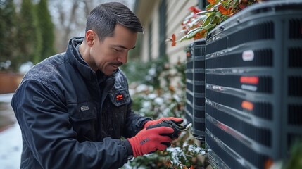 A focused man in a winter jacket and gloves is working on adjusting an outdoor AC unit amidst snow-covered surroundings.