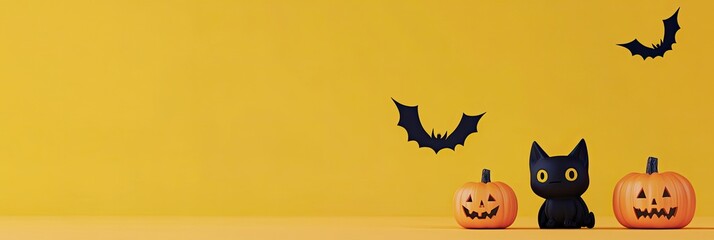 Minimalist Cute Illustrated Black Cat, Flying Bats and Jack O Lanterns  on Solid Yellow Background Banner for Halloween Copy Text