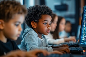 Diverse children focused on interactive coding class with computers