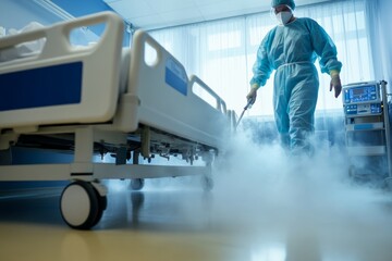 Hospital room disinfection: healthcare worker using sanitizing equipment for enhanced safety