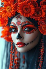 Catrina Beautiful Woman Portrait Close-up with Bold Makeup in Dark and Orange Contrast