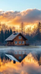 Fototapeta premium Serene wooden house by the tranquil lake at sunset, surrounded by lush trees and a colorful sky reflecting on the water.