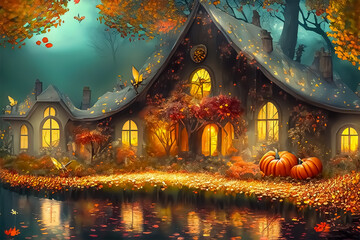 Fototapeta premium A forest house with autumn leaves and orange pumpkins
