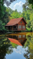 Fototapeta premium Serene wooden house by the tranquil lake, surrounded by lush greenery and reflecting nature's beauty on the calm water.