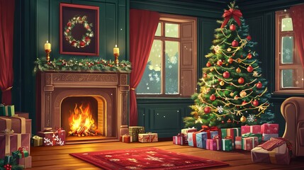 Cozy Christmas Interior with Decorated Tree, Colorful Presents, and a Warm Fireplace