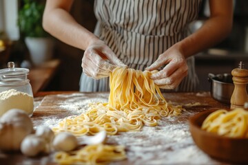 Homemade pasta preparation with flour on rustic wooden table