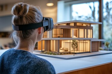 Woman using vr headset to explore modern architectural model in virtual reality experience