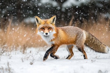 Fototapeta premium Majestic red fox prowling through snowy winter landscape