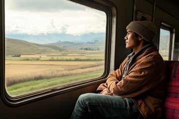 Contemplative traveler gazing out train window at serene landscape