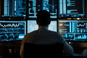 Hacker working in a dark office with multiple monitors analyzing data