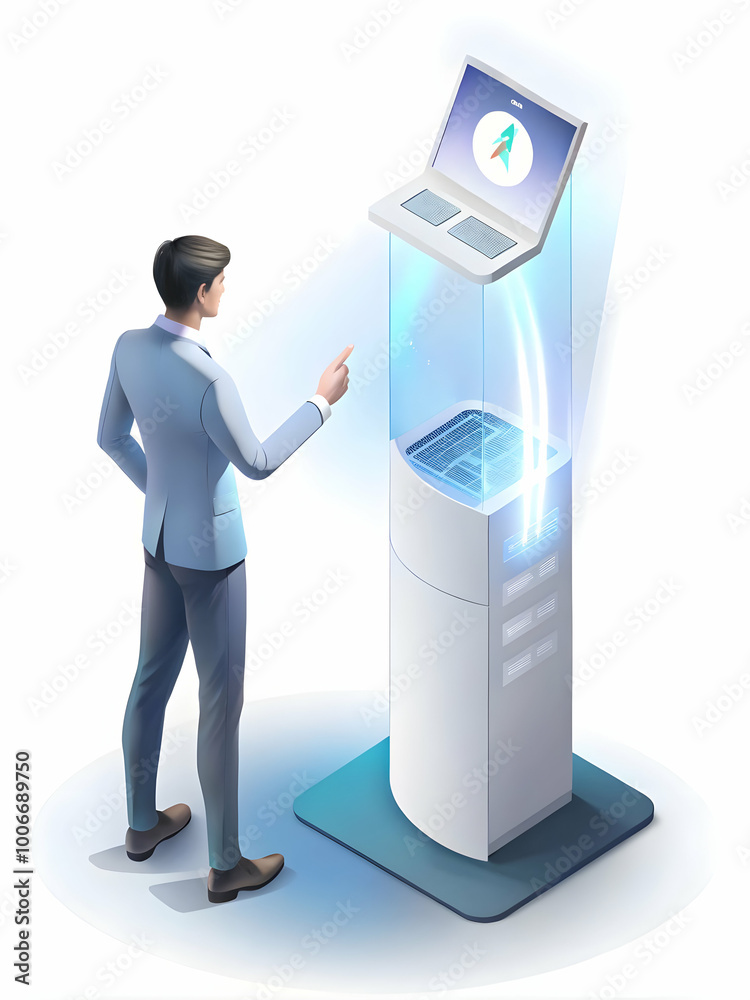 Canvas Prints Holographic Voting Booth Concept: Wide Angle View of Person Interacting with Glowing Touch Interface, Projecting Candidate Information in a Clean White Environment