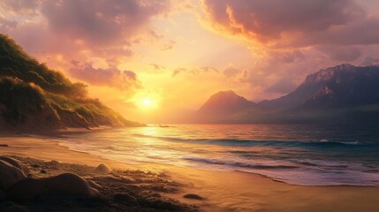 Fototapeta premium A beautiful sunrise over a serene landscape, symbolizing a fresh start. The image could feature soft, warm colors with light breaking over mountains or a peaceful beach, 