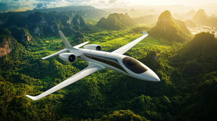 Fototapeta premium A sleek modern aircraft powered by sustainable biofuel, soaring over a lush green landscape, representing eco-friendly aviation