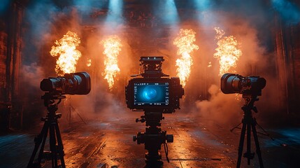 Fototapeta premium Camera Setup on a Stage with Fire and Smoke Special Effects