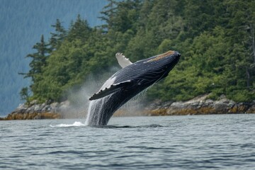 Fototapeta premium Majestic humpback whale breaching near lush forest coastline