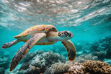 Fototapeta premium Majestic sea turtle gliding through vibrant coral reef underwater landscape
