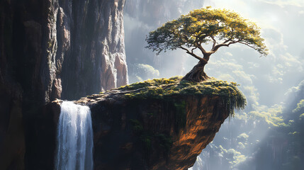 Majestic tree perched on cliffside with cascading waterfall in the backdrop. Cliffside Waterfall. Illustration