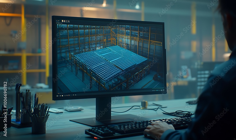 Poster engineer adjusting 3d solar panel design on screen