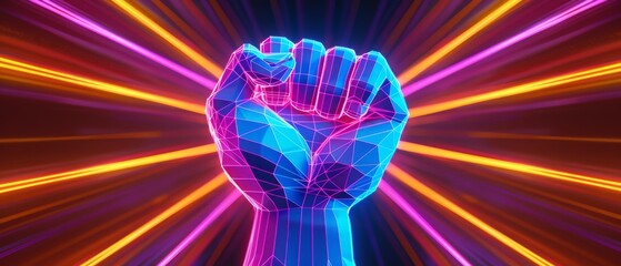 Empowerment and Unity Concept, digital raised clenched fist in low poly design on a blue background, strength, solidarity, and the influence of technology in modern activism.
