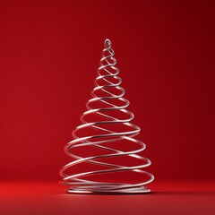 Christmas tree sculpture made of shiny metal tubes. Minimalism and simplicity with soothing red background.