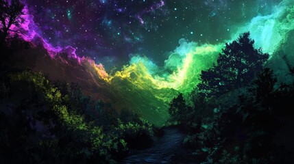 Mystical forest under a vibrant aurora, starlit night. Fantasy nature and cosmic concept