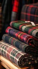 Fototapeta premium Stack of cozy plaid blankets showcasing rich textures and vibrant patterns, perfect for adding warmth to any space.