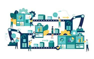 Obraz premium Vector illustration, a production line with workers, automation and user interface concept: user connecting with a tablet and sharing data with a cyber-physical system, Smart industry 4.0