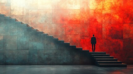 A solitary figure stands at the base of colorful, ascending stairs.